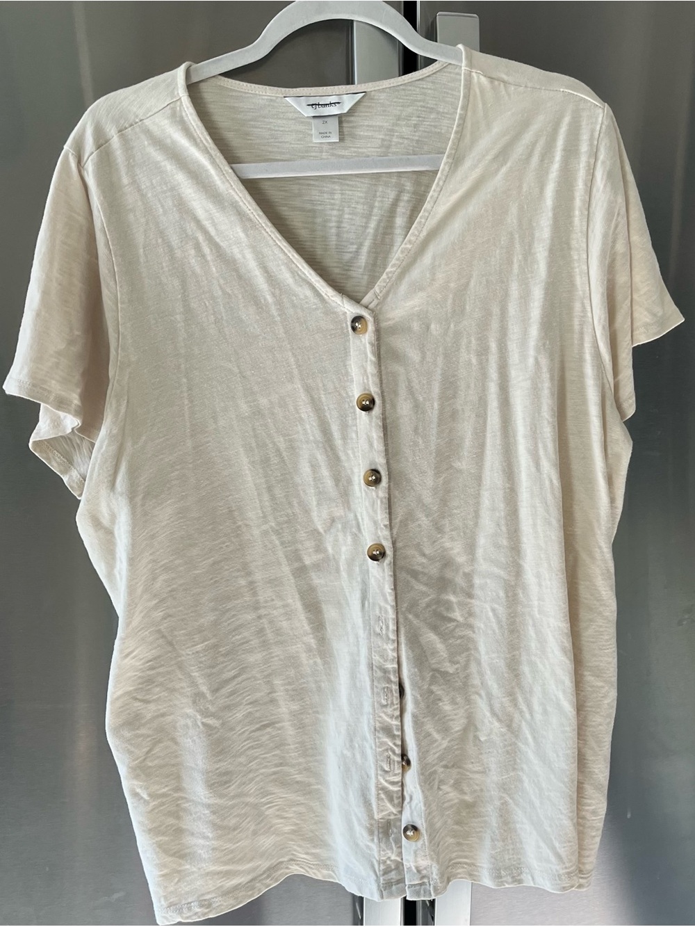 CJ Banks Cream Button-Front V-Neck Women’s Top Baseball Jersey